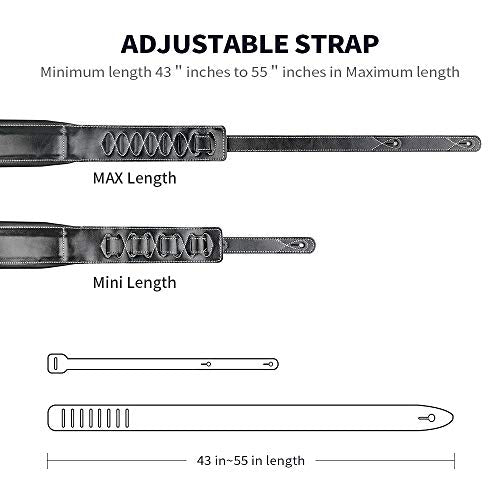 Guitar Strap Leather 3 Inch Wide Full Grain Padded Soft Leather Strap (Black)