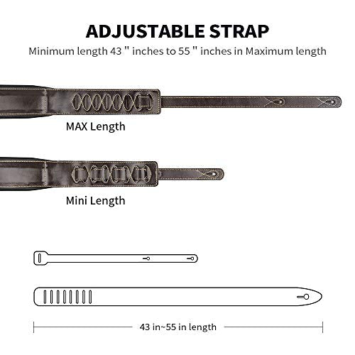 Guitar Strap Leather 3 Inch Wide Full Grain Padded Soft Leather Strap (Brown)