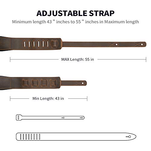 Guitar Strap Leather 3 Inch Wide Full Grain Padded Soft Leather Strap for Acoustic, Electric and Bass Guitars (Whiskey Brown)