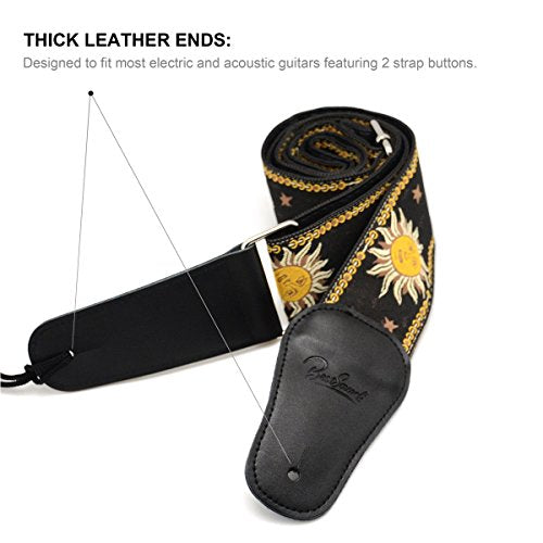 Guitar Strap with Real Leather Ends Sun Jacquard Weave For Bass Electric and Acoustic Guitars