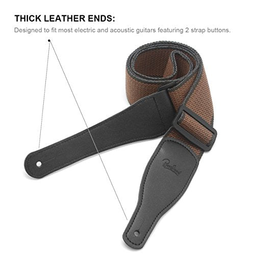 Guitar Strap 100% Cotton & Genuine Leather Ends Strap with Lock and Button Headstock Adaptor