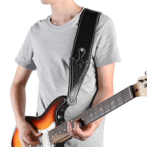Leather Guitar Strap, 3.15’’ Genuine Leather Guitar Strap with Suede Leather Lined (Black)