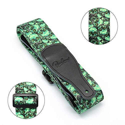 Guitar Strap Skull Design - Green Nylon Strap for Bass Electric & Acoustic Guitars