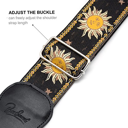 Guitar Strap with Real Leather Ends Sun Jacquard Weave For Bass Electric and Acoustic Guitars