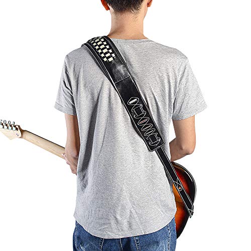 Checkered Padded Leather Guitar Strap, 3.15’’ Top Grain Black Leather Padded