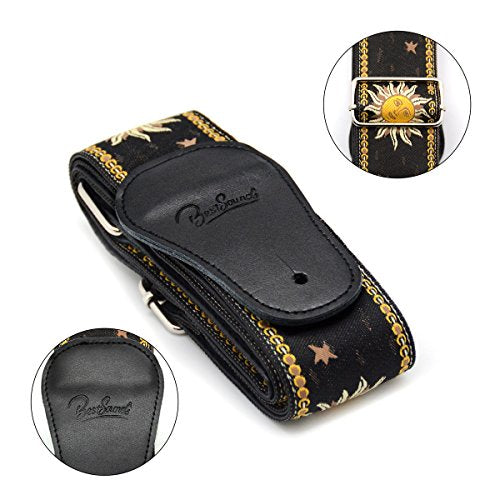 Guitar Strap with Real Leather Ends Sun Jacquard Weave For Bass Electric and Acoustic Guitars