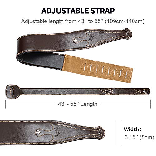 Leather Guitar Strap, 3.15’’ Genuine Leather Guitar Strap with Suede Leather Lined (Brown)