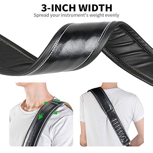 Guitar Strap Leather 3 Inch Wide Full Grain Padded Soft Leather Strap (Black)