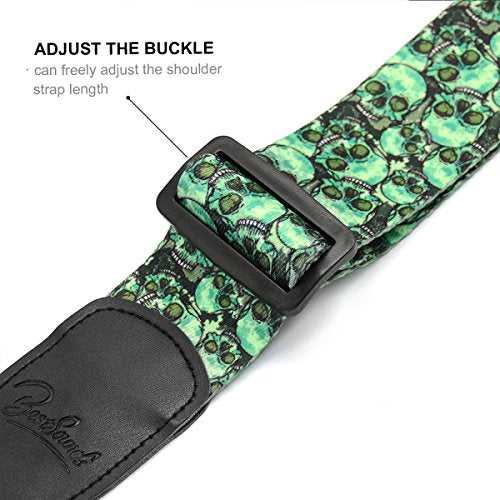 Guitar Strap Skull Design - Green Nylon Strap for Bass Electric & Acoustic Guitars