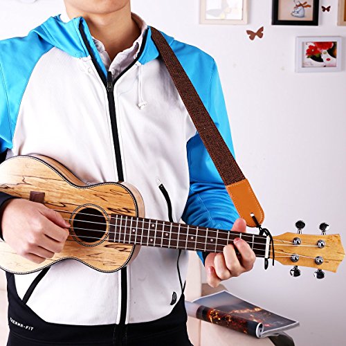Ukulele Strap Soft Cotton Linen & Genuine Leather Ukulele Shoulder Strap