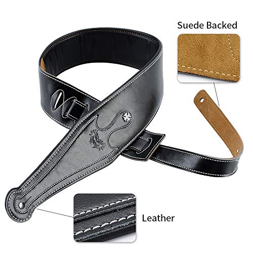 Leather Guitar Strap, 3.15’’ Genuine Leather Guitar Strap with Suede Leather Lined (Black)