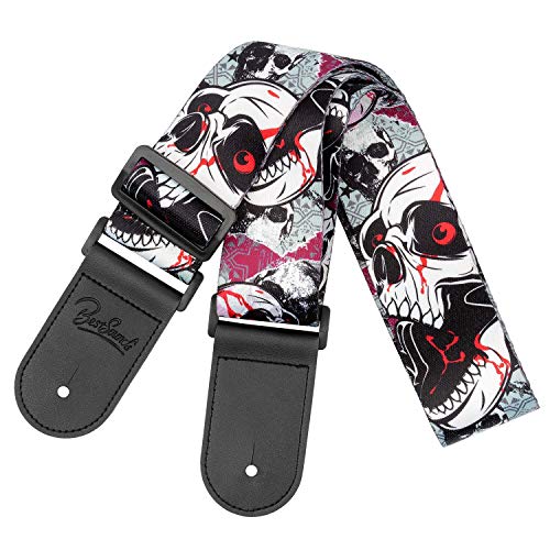 Skull Guitar Strap & Leather Ends Guitar Shoulder Strap for Bass, Electric, Acoustic Guitars
