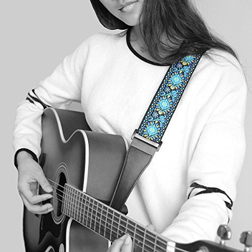 Guitar Strap Jacquard Hootenanny Style & Genuine Leather Ends- Adjustable Strap