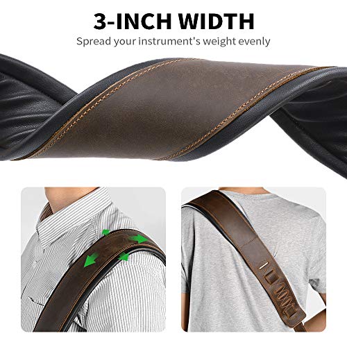 Guitar Strap Leather 3 Inch Wide Full Grain Padded Soft Leather Strap for Acoustic, Electric and Bass Guitars (Whiskey Brown)