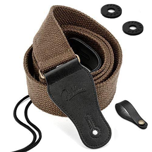 Guitar Strap 100% Soft Cotton Genuine Leather Ends with 2 Strap Locks & 1Button Headstock Adaptor