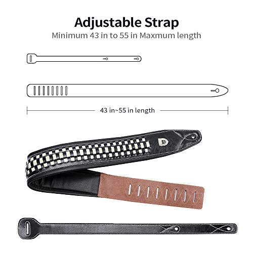 Checkered Padded Leather Guitar Strap, 3.15’’ Top Grain Black Leather Padded