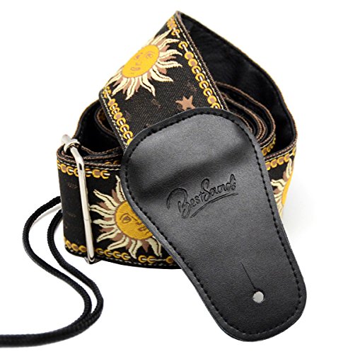 Guitar Strap with Real Leather Ends Sun Jacquard Weave For Bass Electric and Acoustic Guitars