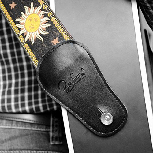 Guitar Strap with Real Leather Ends Sun Jacquard Weave For Bass Electric and Acoustic Guitars