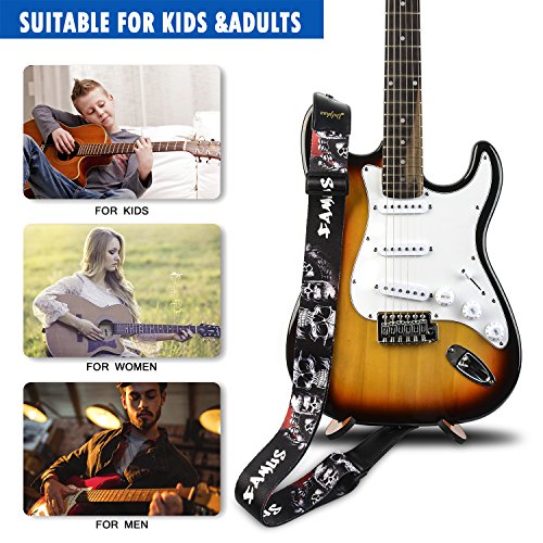 Guitar Strap Skull Design - Adjustable Soft Polyester For Bass, Electric & Acoustic Guitar