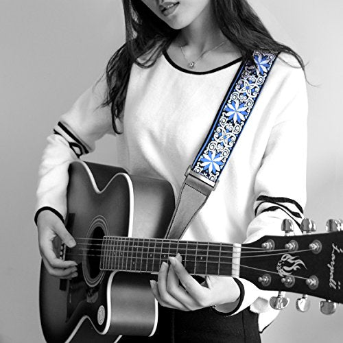 Guitar Strap Jacquard Hootenanny Style & Genuine Leather Ends- Adjustable Strap
