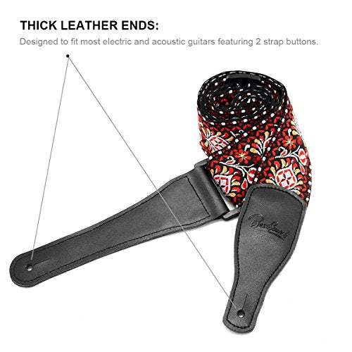 Guitar Strap with Real Leather Ends for Acoustic & Electric Guitar and Bass- Jacquard Weave