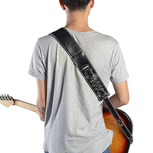 Leather Guitar Strap, 3.15’’ Genuine Leather Guitar Strap with Suede Leather Lined (Black)