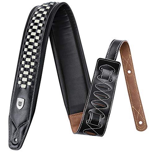 Checkered Padded Leather Guitar Strap, 3.15’’ Top Grain Black Leather Padded