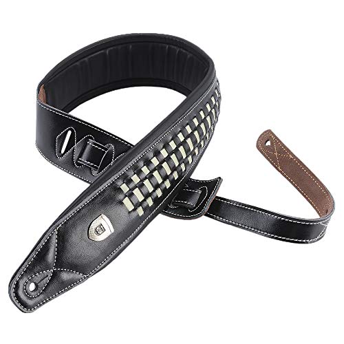 Checkered Padded Leather Guitar Strap, 3.15’’ Top Grain Black Leather Padded