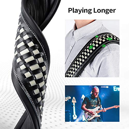 Checkered Padded Leather Guitar Strap, 3.15’’ Top Grain Black Leather Padded