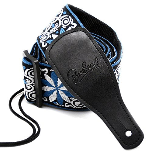 Guitar Strap Jacquard Hootenanny Style & Genuine Leather Ends- Adjustable Strap