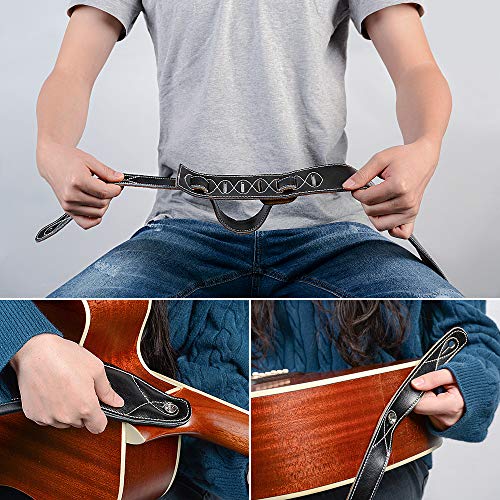 Checkered Padded Leather Guitar Strap, 3.15’’ Top Grain Black Leather Padded