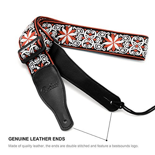 Guitar Strap Jacquard Hootenanny Style & Genuine Leather Ends- Adjustable Strap