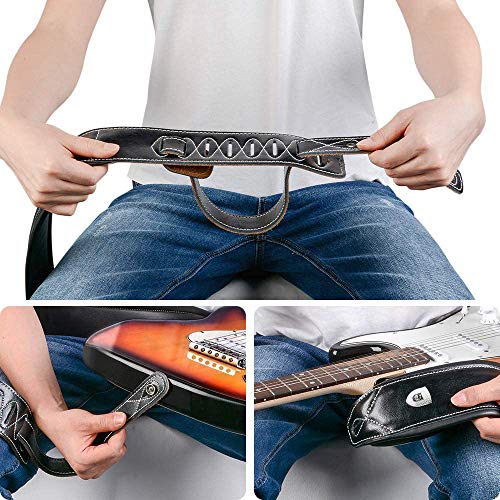 Guitar Strap Leather 3 Inch Wide Full Grain Padded Soft Leather Strap (Black)