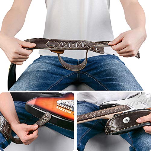 Guitar Strap Leather 3 Inch Wide Full Grain Padded Soft Leather Strap (Brown)