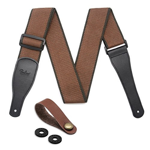 Guitar Strap 100% Cotton & Genuine Leather Ends Strap with Lock and Button Headstock Adaptor