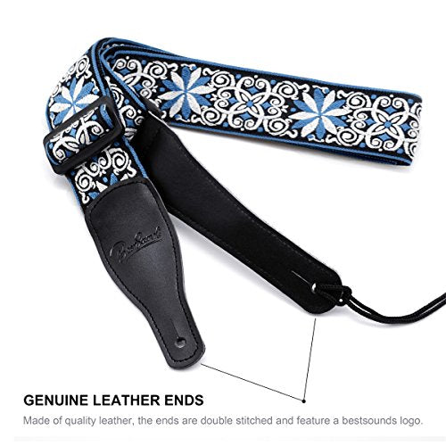 Guitar Strap Jacquard Hootenanny Style & Genuine Leather Ends- Adjustable Strap