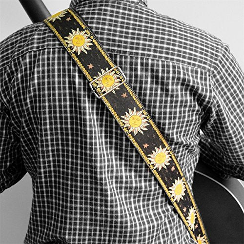 Guitar Strap with Real Leather Ends Sun Jacquard Weave For Bass Electric and Acoustic Guitars