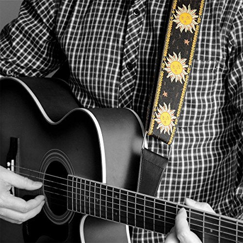 Guitar Strap with Real Leather Ends Sun Jacquard Weave For Bass Electric and Acoustic Guitars