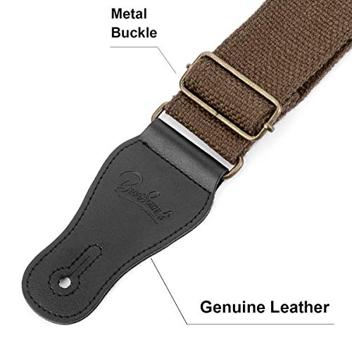 Guitar Strap 100% Soft Cotton Genuine Leather Ends with 2 Strap Locks & 1Button Headstock Adaptor