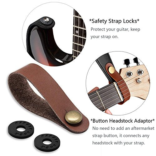 Guitar Strap 100% Cotton & Genuine Leather Ends Strap with Lock and Button Headstock Adaptor