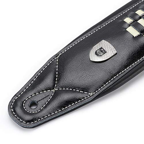 Checkered Padded Leather Guitar Strap, 3.15’’ Top Grain Black Leather Padded