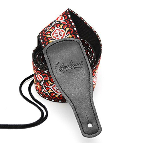 Guitar Strap with Real Leather Ends for Acoustic & Electric Guitar and Bass- Jacquard Weave