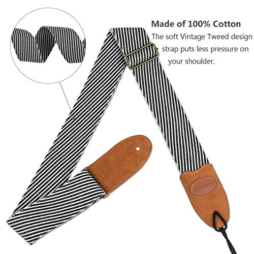 Guitar Strap Vintage Tweed 100% Cotton & Genuine Leather Strap with Pick Pocket