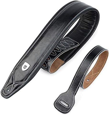 Guitar Strap Leather 3 Inch Wide Full Grain Padded Soft Leather Strap (Black)