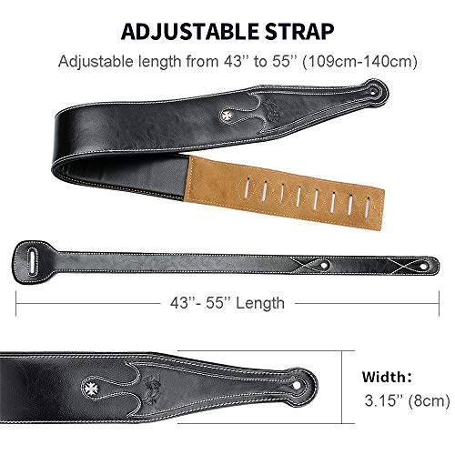Leather Guitar Strap, 3.15’’ Genuine Leather Guitar Strap with Suede Leather Lined (Black)