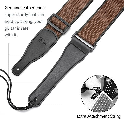 Guitar Strap 100% Cotton & Genuine Leather Ends Strap with Lock and Button Headstock Adaptor