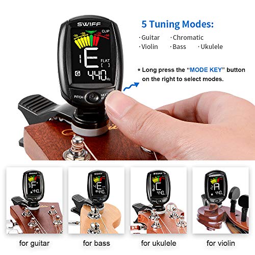 Clip-On Tuner with Guitar, Bass, Violin, Ukulele and Chromatic Tuning Modes for All Instruments