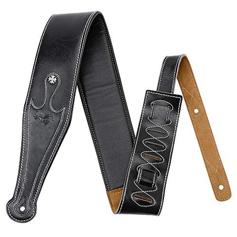 Leather Guitar Strap, 3.15’’ Genuine Leather Guitar Strap with Suede Leather Lined (Black)