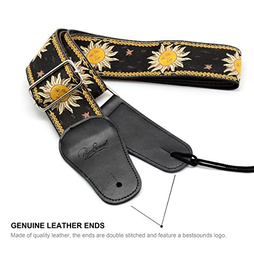 Guitar Strap with Real Leather Ends Sun Jacquard Weave For Bass Electric and Acoustic Guitars