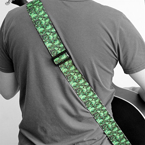 Guitar Strap Skull Design - Green Nylon Strap for Bass Electric & Acoustic Guitars